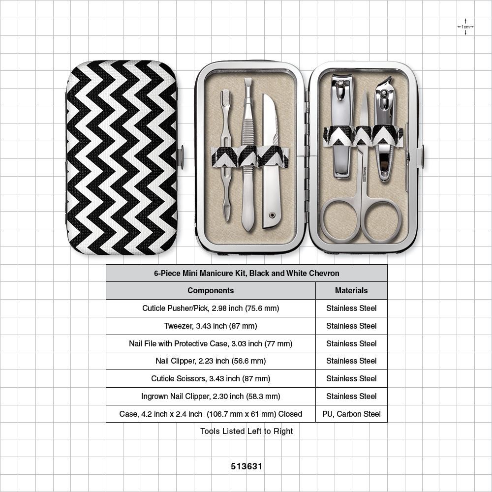 6-Piece Mini Manicure Kit, Black and White Chevron