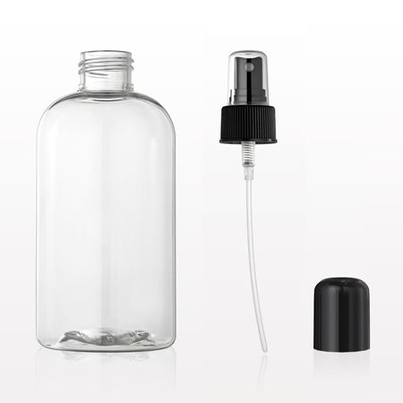 Boston Round Bottle, Clear, Cap, Black, Fine Mist Spray Pump, Black with Overcap, Clear