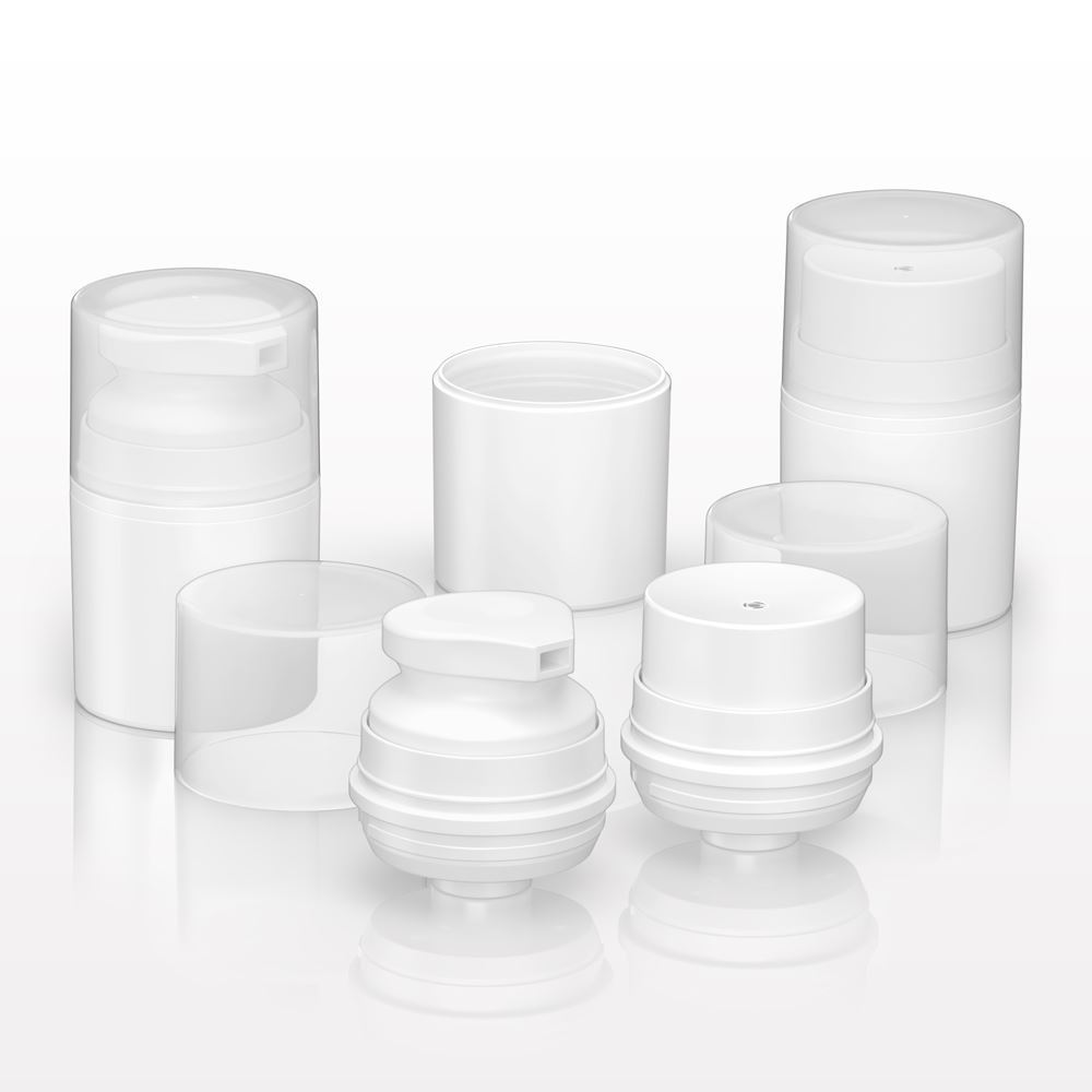 PCR Airless Jar, White & PCR Airless Lotion Pumps, White with Overcap, Natural